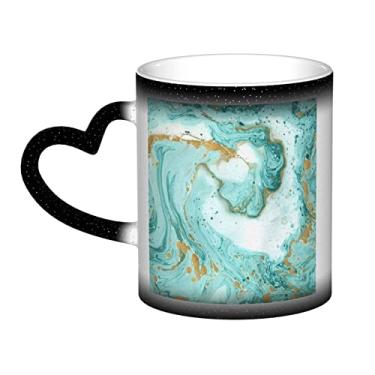 Imagem de Xícara de café divertida em mármore azul-petróleo e dourado, copo de cerâmica que muda de cor sensível ao calor 12 Oz, para café/chá/leite/cacau, para adolescente/aniversário/festival/presentes