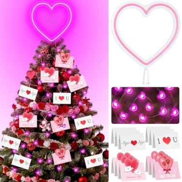 Imagem de Copkim Topo de árvore de dia dos namorados de 28 cm com cordão de luzes e cartões grande rosa coração neon decoração de árvore de coração com luzes LED operado por bateria ou alimentado por USB para