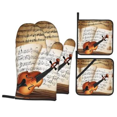 Imagem de Conjunto de luvas de cozinha estampadas de borboleta e violoncelo com suportes de tampa, luvas de forno resistentes ao calor para manusear panelas quentes, grelhar, churrascos, kit de 4 peças.