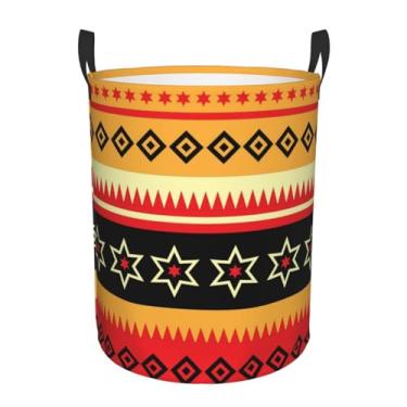Imagem de Indiano, África, listrado, cesto de roupa suja redondo - cesto de tecido de camada única com alças, Oxford resistente à água para organização de quarto e banheiro. Pequeno