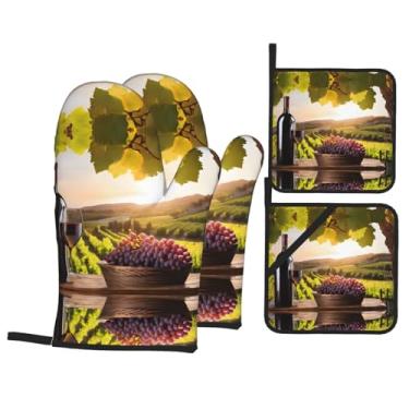 Imagem de Vinho tinto - Conjunto de luvas de cozinha estampadas com suportes de tampa, luvas de forno resistentes ao calor para manusear panelas quentes, grelhar, churrascos, kit de 4 peças.