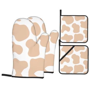 Imagem de Conjunto de luvas de cozinha com estampa de vaca marrom com suportes de tampa, luvas de forno resistentes ao calor para lidar com panelas quentes, grelhar, churrascos, kit de 4 peças.