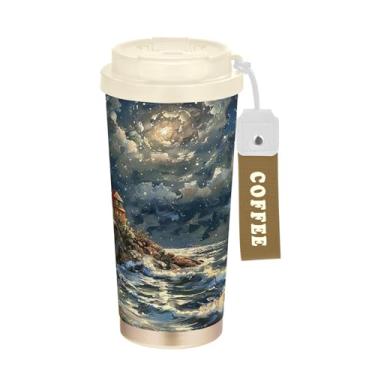 Imagem de Wassud Caneca de café de viagem com isolamento de farol de pintura a óleo copo à prova de vazamento com tampa e canudo garrafa de água de aço inoxidável para café quente/gelo, chá e cerveja