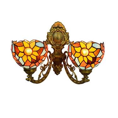 Imagem de Luminária de parede de girassol estilo Tiffany de 15 cm (6 polegadas), com vitral floral campestre, 2 lâmpadas, para quarto, sala de estar, corredor, varanda, soquete E27.