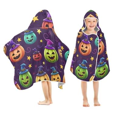 Imagem de Burbuja Toalha de banho colorida Jack O Lantern Pumpkins com capuz para crianças, toalha de praia de pelúcia macia absorvente para meninas e meninos 3-10 anos, 61 x 127 cm