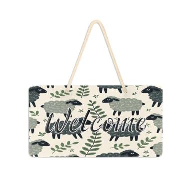 Imagem de Burbuja Placa de boas-vindas de ovelhas cinza escuro para porta da frente, placa de boas-vindas de PVC para decoração de férias, 15 x 28 cm