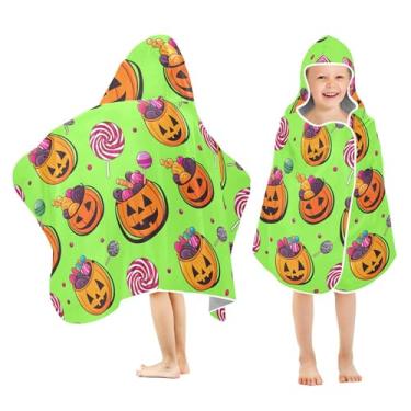 Imagem de Burbuja Abóboras com Doces de Halloween Toalha de Banho com Capuz para Crianças, Toalha de Praia de Pelúcia Macia Absorvente para Meninas Meninos Chuveiro 3-10 anos, 61x127 cm