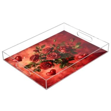 Imagem de STAYTOP Bandeja de servir de acrílico rosa vermelha para Dia dos Namorados, 15,7 x 11,20 cm, bandejas decorativas à prova de derramamento, organizador de bancada para café da manhã, chá, comida
