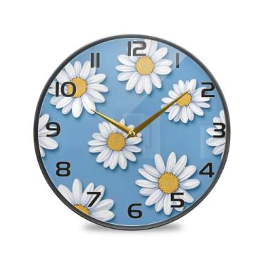 Imagem de YETTASBIN White Daisies Relógio de parede acrílico - Silencioso sem tique-taque operado por bateria relógio redondo criativo decorativo para cozinha, sala de estar, banheiro, decoração de escritório
