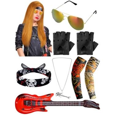 Imagem de Mepase Conjunto de 8 peças de fantasia de roqueiro de Halloween dos anos 80, peruca de rock, tecido, faixa de cabeça, luvas de manga de tatuagem, óculos infláveis, violão (tamanho M)