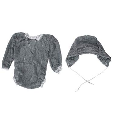 Imagem de Ainoli Macacão para fotografia de bebê, adereços para fotos, chapéu, roupa de renda, conjunto de fantasia para recém-nascido (Cinza)