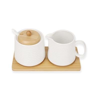 Imagem de Conjunto de açúcar e creme de cerâmica, conjunto de servir café de porcelana com jarra de creme, açucareiro, tampa e colher, recipiente de creme de 290 ml e pote de açúcar (CTNAI231)