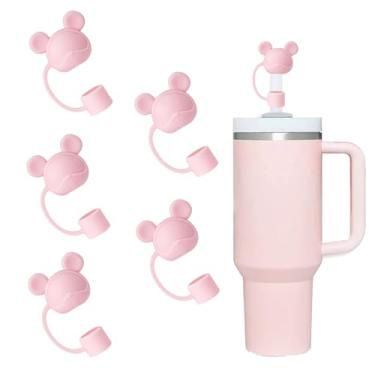 Imagem de SEEZIZI 5 peças de tampas de palha de urso compatíveis com copos Stanley de 30 e 1,134 g, protetores de tampas de silicone fofos reutilizáveis para canudos StanleyCups de 10 mm Acessórios - rosa