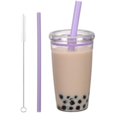 Imagem de ASANMEYO Copo de plástico Tritan com tampa e canudo, 473 ml, copos de café gelado com isolamento premium, copos de plástico reutilizáveis com tampa e canudo, roxo