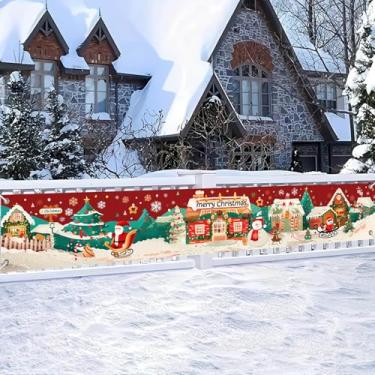 Imagem de HOMETITUTE Banner Merry Christmas Village 395 x 50 cm, Papai Noel, boneco de neve, pano de fundo para casa, decoração de Natal para quintal, parede, cerca, varanda, festa, feriado, foto de fundo
