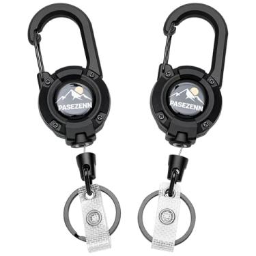 Imagem de pasezenn Chaveiro retrátil resistente, cordão de aço inoxidável de 70 cm, suporte de crachá retrátil, mosquetão para trabalho, preto ao ar livre, pacote com 2