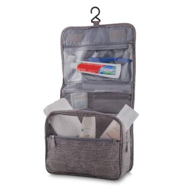 Imagem de Necessaire Grande para Viagem em Poliéster Cinza com Cabide – Organizador Dobrável, Espaçoso e Prático para Higiene Pessoal