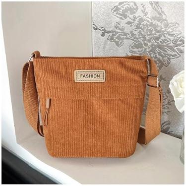 Imagem de Bolsa de ombro de veludo cotelê, bolsa quadrada de cor sólida com tecido texturizado, bolsa tiracolo feminina vintage, Marrom, Medium, Mochila casual