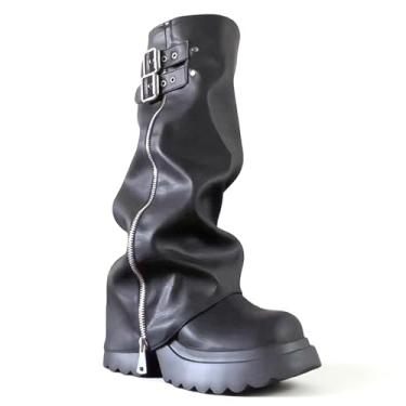 Imagem de Botas femininas dobráveis na altura do joelho plataforma grossa confortável com zíper lateral largo com fivela decoração botas de equitação festival concerto punk rave botas, Preto, 34
