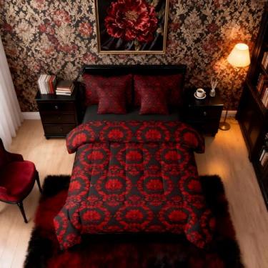 Imagem de Erosebridal Conjunto de lençóis e edredom de casal damasco preto e vermelho | Jogo de cama gótico vintage floral gótico gótico com 7 peças em uma bolsa, conjunto de cama boêmio de luxo