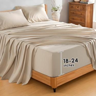 Imagem de SONORO KATE Lençóis de linho 100% puro francês, bolso extra profundo de até 45,7 a 61 cm, lençóis de linho respiráveis e duráveis, lençóis de linho antirrasgo, lavável na máquina - 4 peças (linho