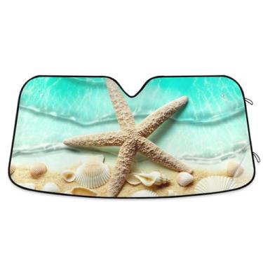 Imagem de Conchas de praia de estrela do mar personalizadas para para-brisa de carro de verão protetor solar bonito dobrável para para-brisa dianteiro de carro impressões de animais M, 139,7 cm x 70,1 cm