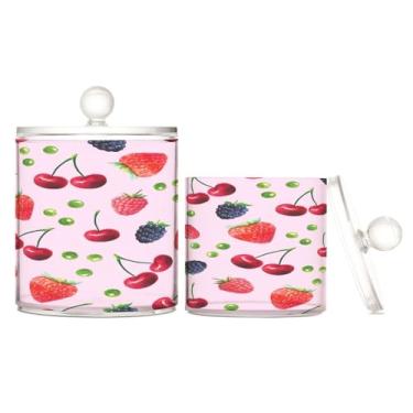 Imagem de Aquarela frutas vermelhas em frascos de boticário de plástico rosa com tampas, recipiente de bola de algodão com tampa, acessórios de maquiagem