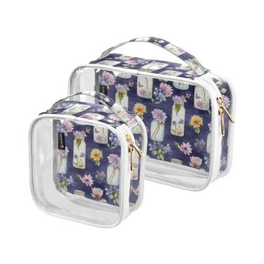 Imagem de GAIGEO Bolsa transparente de desenho animado Bee Happy para artigos de higiene de viagem, bolsa de maquiagem para carro, bolsa de higiene de viagem feminina, pacote com 2, Buquê de vaso aquarela em