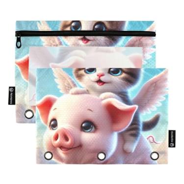 Imagem de Pasta feminina com 3 anéis, bolsa para lápis, fichário com zíper, bolsos escolares transparentes, gatinho, gato, porco fofo, 25 x 18 cm, 2 pacotes
