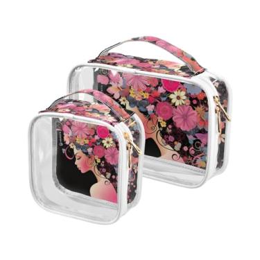 Imagem de GAIGEO Bolsa de cosméticos com 2 zíperes coloridos para caminhões e aviões, bolsas de higiene para mulheres de viagem, pacote com 2, Cabelo de menina com flores - 1, one size