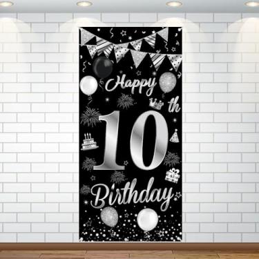 Imagem de 10 decorações de aniversário feliz 10º aniversário pano de fundo banner preto prata triângulo bandeira balões cabine decoração de fundo para meninas meninos 10 anos de idade artigos de festa de