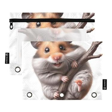 Imagem de GAIGEO Bolsa de lápis para estudantes para fichário de 3 anéis, fichário com zíper, bolsas de tecido, fichários escolares, bolsos transparentes, hamster, animal fofo, 25 x 18 cm, 2 pacotes