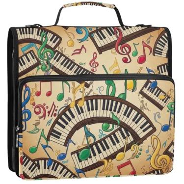 Imagem de Organizador de fichário com zíper, notas musicais, piano, vintage, 3 fichários de 3 anéis, anel em D, bolsa fofa com alça para portfólio escolar e estojo para pasta de anéis, 34,5 x 31,5 x 8,9 cm