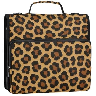 Imagem de Fichário marrom leopardo de 3 cm 3 anéis organizador de fichário resistente com zíper bolsa de fichário para ensino médio com alça para portfólio de desenhos animados comporta 500 folhas, 34,5 x 31,5