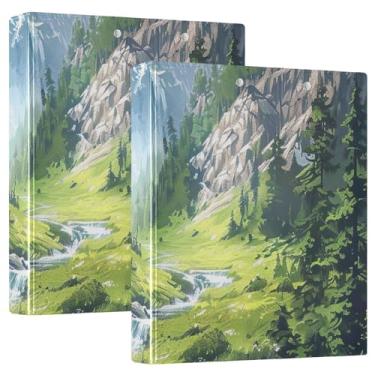 Imagem de Fichário de 3 anéis para pintura de paisagem verde cachoeiras com pasta de arquivo para material de escritório, pacote com 2