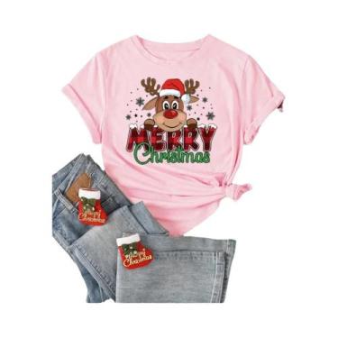 Imagem de Camisetas Femininas Vermelhas Com Estampa De Rena Feliz Natal Casual M