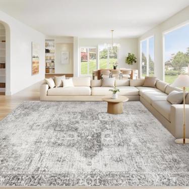 Imagem de Tapete lavável 25,5 x 35,5 cm, vintage, boêmio, medalhão, antiderrapante, macio, grande, desgastado, tapete retrô para sala de estar, quarto, sala de jantar, escritório em casa (cinza, 25 x 35 cm)