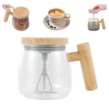 Imagem de Caneca Misturadora Automática Elétrica com Agitador, 400ml, Vidro com Tampa de Madeira, Carregamento Type-C, para Café, Chá, Leite e Chocolate Quente