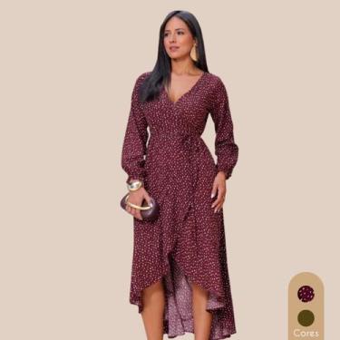 Imagem de Vestido Sofisticado Midi Manga Longa Transpassado Ajustável Poema Prem