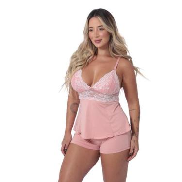 Imagem de Short Doll Blusa Com Renda Bicolor Short liso Sexy Feminino Sensual Co