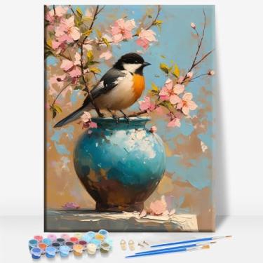 Imagem de HUINORYA Chickadee Winter Berries Winter Bird Framed Canvas DIY Paint by Numbers Kit Bar Cafe Cave Home Room Wall Bathroom Varanda Pátio Decoração Presente, 40,6 x 30,5 cm