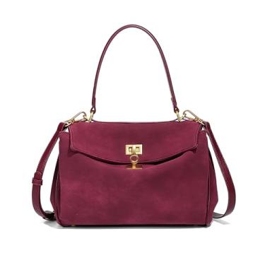 Imagem de SKYK Bolsa feminina de camurça moderna de camurça, bolsa tiracolo de couro vegano, bolsa de ombro com alça superior, Vinho tinto
