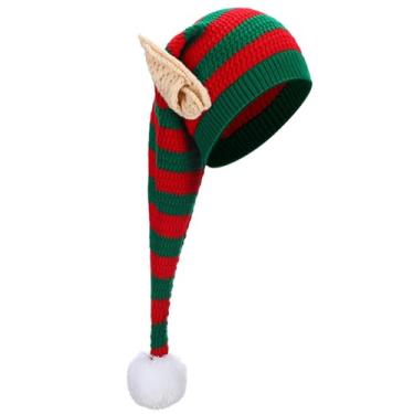 Imagem de Funtery Chapéus de elfo tricotados de Natal com orelhas para crianças e adultos chapéus longos de Papai Noel gorro acessórios de fantasia de elfo (1 peça, vermelho e verde, infantil)