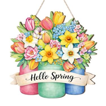 Imagem de HEYINSHEN Guirlandas de mola para porta da frente de madeira para pendurar na porta da frente, placa de porta de flor de Olá Primavera de madeira, decoração colorida de primavera para decoração de