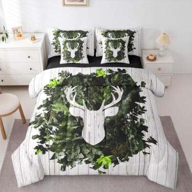 Imagem de Erosebridal Conjunto de edredom com estampa de veado botânico, branco, verde, tamanho Queen, 7 peças | Cama retrô de fazenda em uma bolsa, chifres e veados, roupa de cama vintage