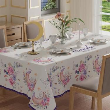 Imagem de XCHI Toalha de mesa retangular, luas, flores, estrelas, Ramadan Kareem, toalha de mesa, retangular, para decoração de festa em casa 132 x 182 cm