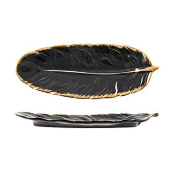 Imagem de Prato de frutas, conjunto de pratos de cerâmica banhado a ouro, bandeja de joias com design de penas da moda, acessórios de mesa, prato de frutas Dim Sum, prato de jantar, preto, 10i