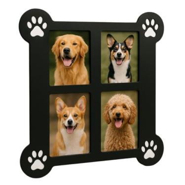 Imagem de Porta Retrato de Parede em Formato de Ossinho para Cachorro, 4 Fotos 10x15cm, MDF Preto com Patinhas Decorativas, 45x45cm, Decoração Pet