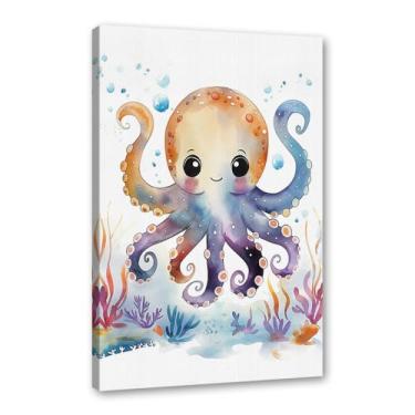 Imagem de Impressão de berçário de animais oceânicos desenho animado tartaruga marinha baleia pôster aquarela animais marinhos pintura em tela decoração de parede quarto infantil (SKU5,27.9x35.6 cm = (28x35 cm