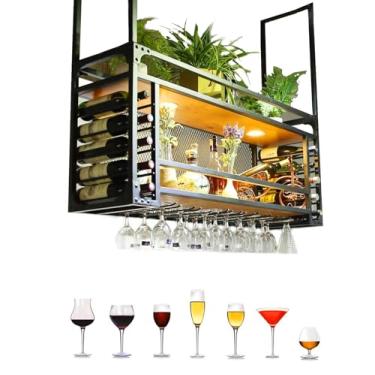 Imagem de Rack de copo de vinho industrial vintage de 2 camadas - Suporte de garrafa de vinho para bar doméstico, restaurante, café - Decoração de armazenamento de vinho elegante de 125 cm